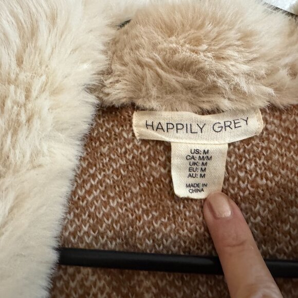 Happily Grey Faux Fur Floral Beige Brown Long Cardigan - Picture 2 of 4